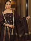 Banarasee Cotton Silk Zari Work Salwar Kameez Fabric With Plain Dupatta-Brown
