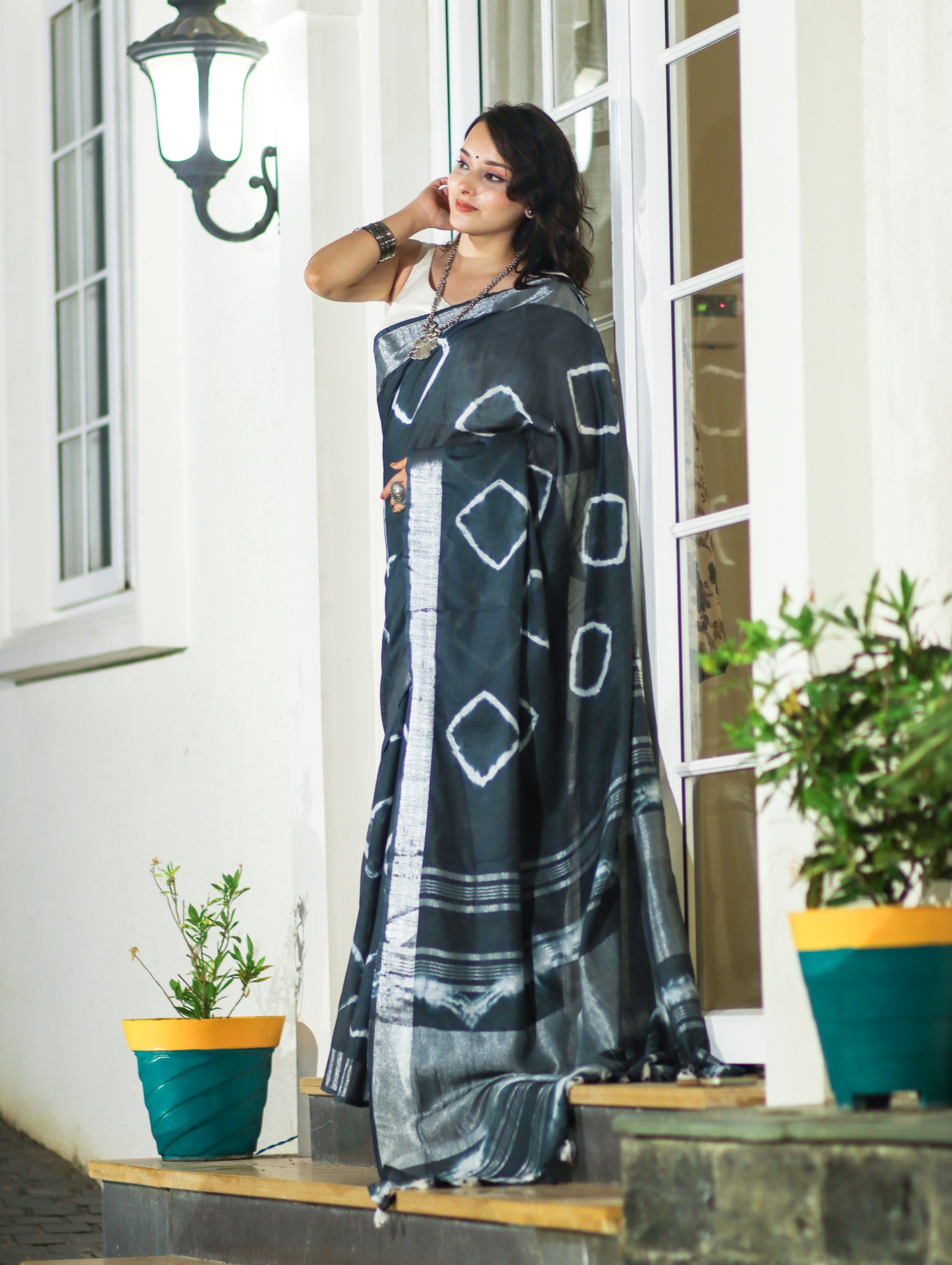 Banarasee Handloom Cotton Silk Hand Dyed Shibori Pattern Saree-Slate Blue