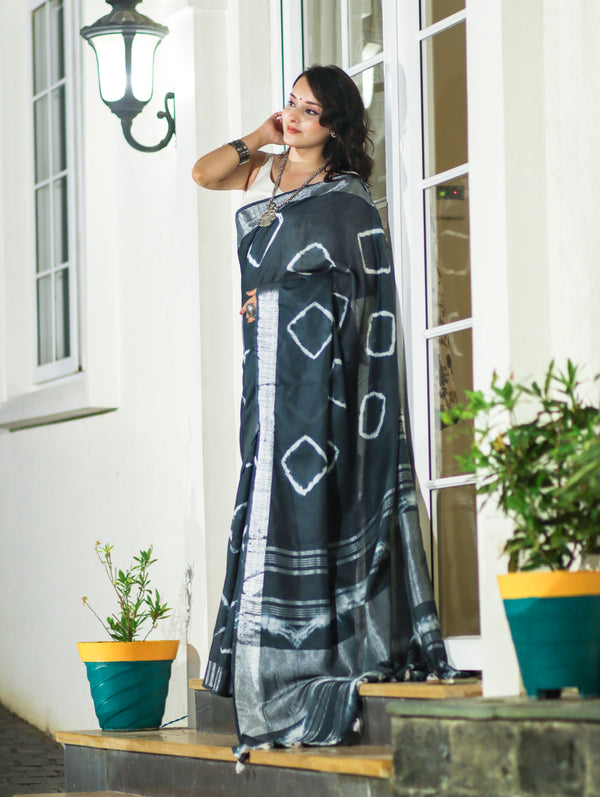 Banarasee Handloom Cotton Silk Hand Dyed Shibori Pattern Saree-Slate Blue