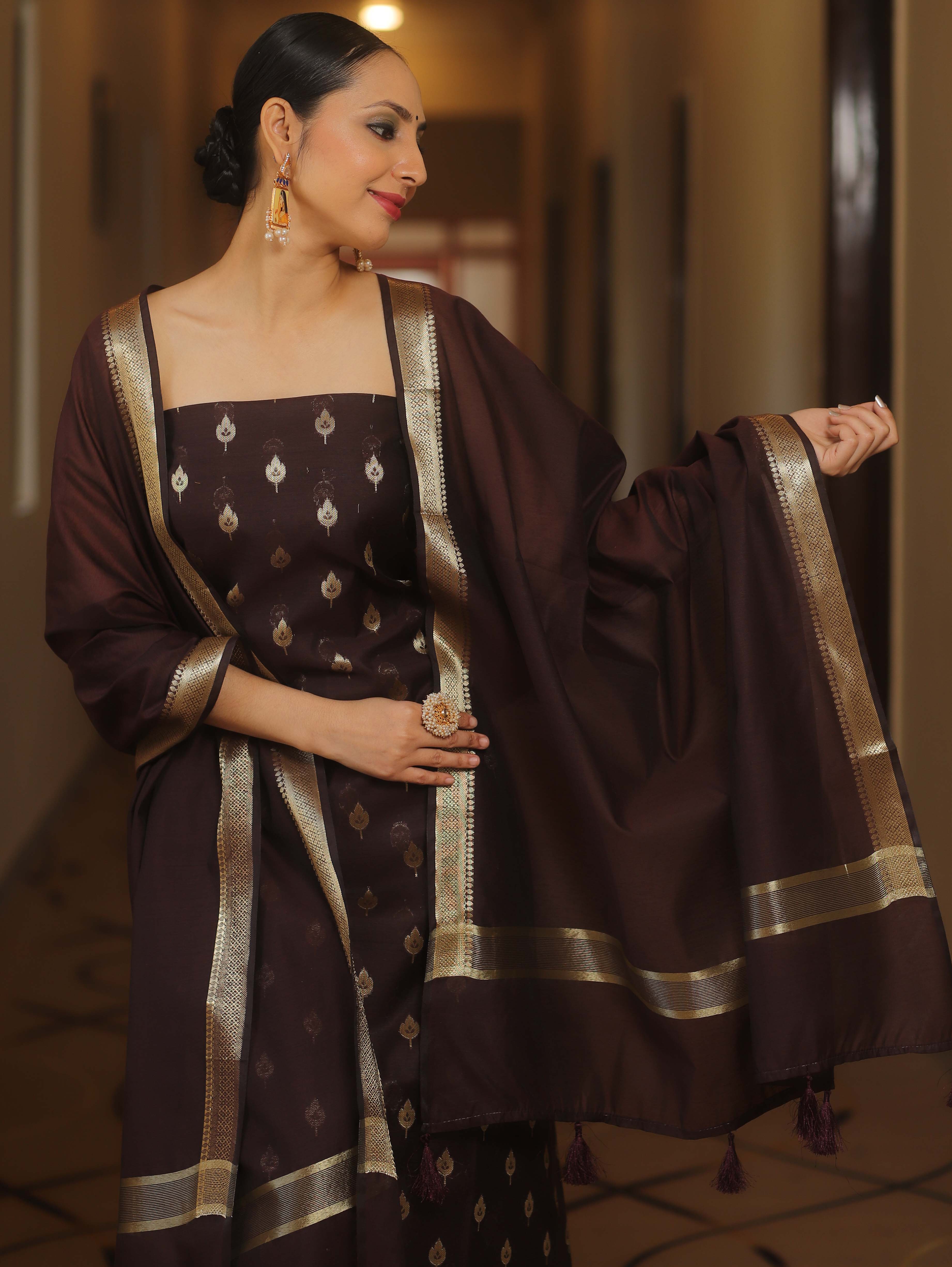 Banarasee Cotton Silk Zari Work Salwar Kameez Fabric With Plain Dupatta-Brown