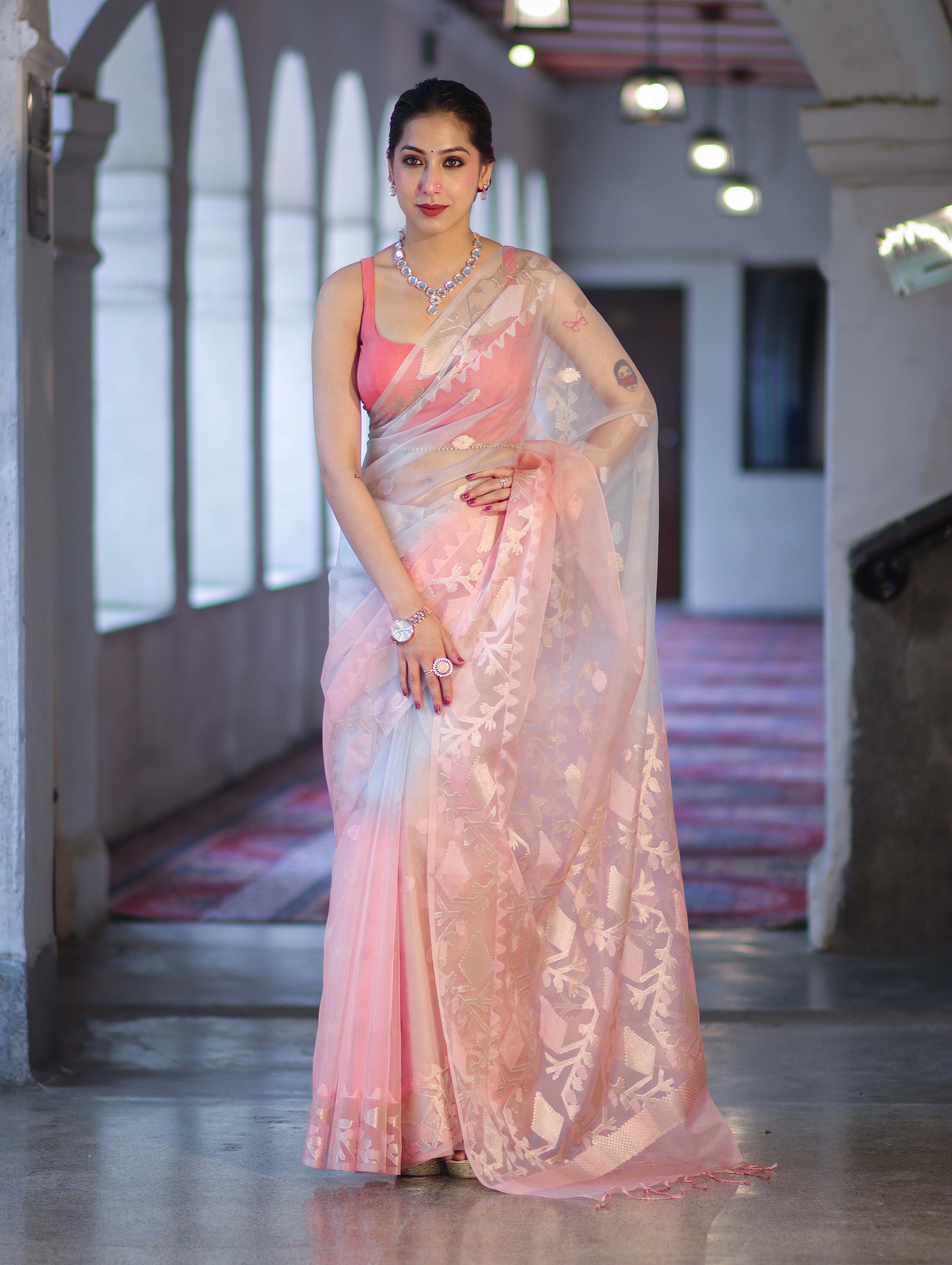 Banarasee Dual Color Organza Mix Saree With Resham & Zari Work-Peachy Pink & Off White