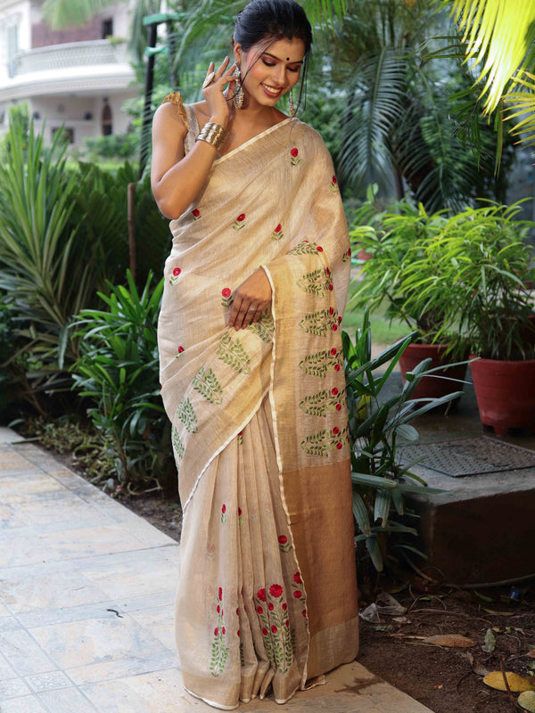 Bhagalpuri Handloom Pure Linen Floral Embroidered Saree-Beige