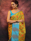 Banarasee Kora Muslin Saree With Printed Floral Design-Yellow & Blue