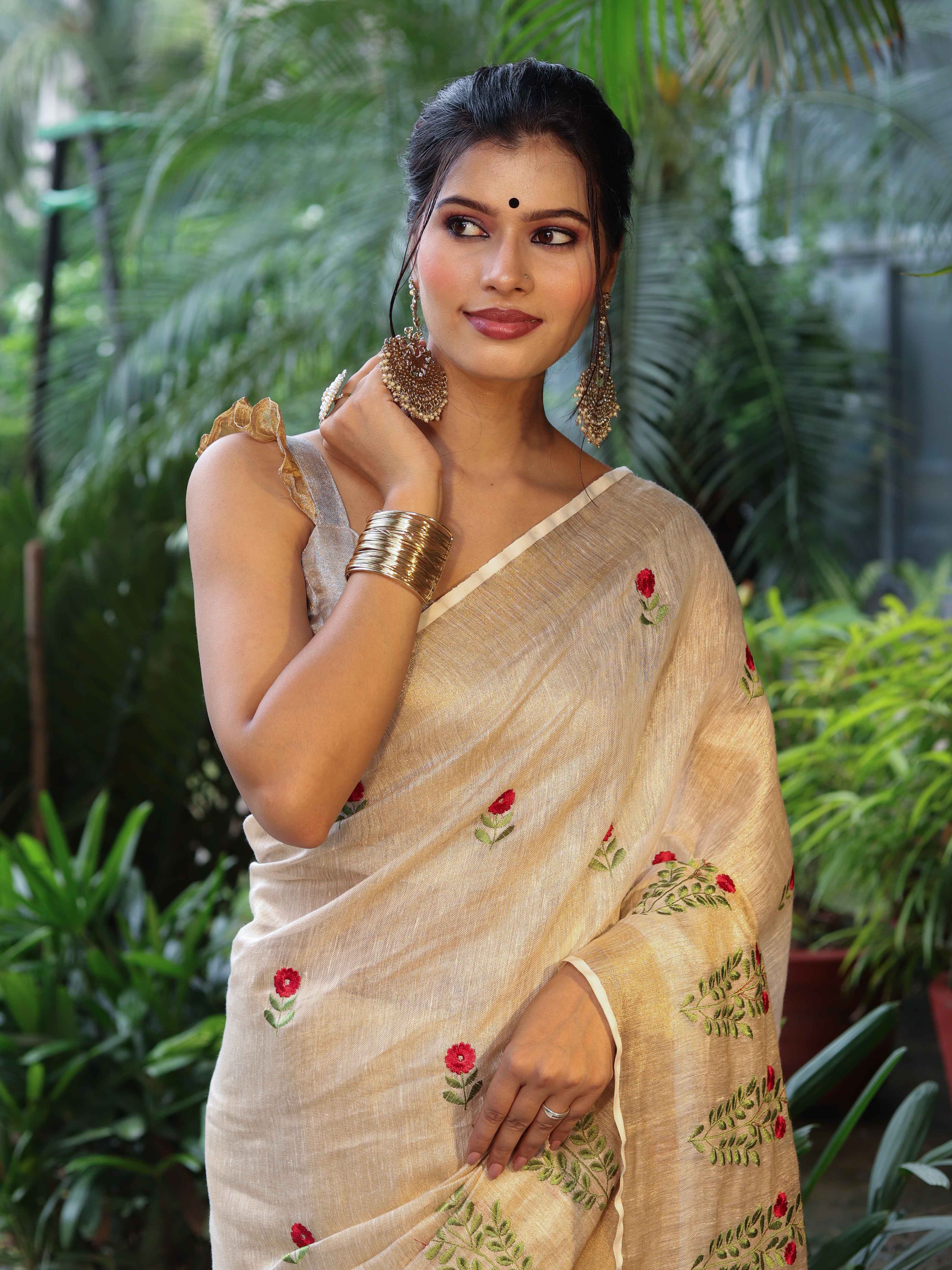 Bhagalpuri Handloom Pure Linen Floral Embroidered Saree-Beige