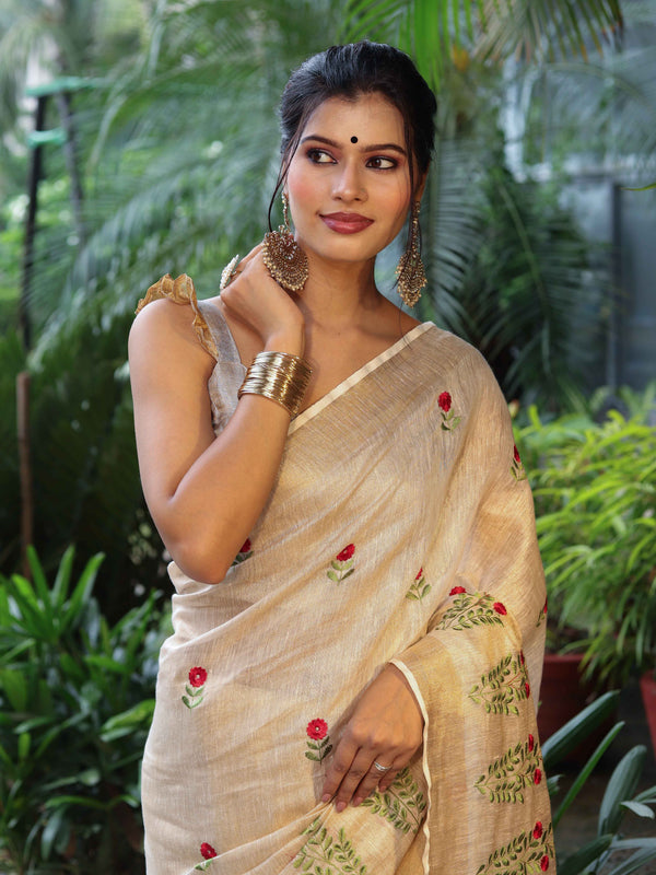 Bhagalpuri Handloom Pure Linen Floral Embroidered Saree-Beige