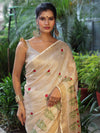 Bhagalpuri Handloom Pure Linen Floral Embroidered Saree-Beige