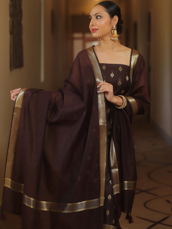 Banarasee Cotton Silk Zari Work Salwar Kameez Fabric With Plain Dupatta-Brown