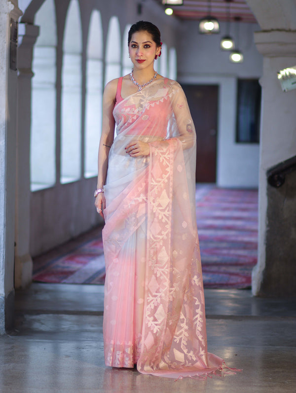Banarasee Dual Color Organza Mix Saree With Resham & Zari Work-Peachy Pink & Off White