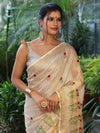 Bhagalpuri Handloom Pure Linen Floral Embroidered Saree-Beige