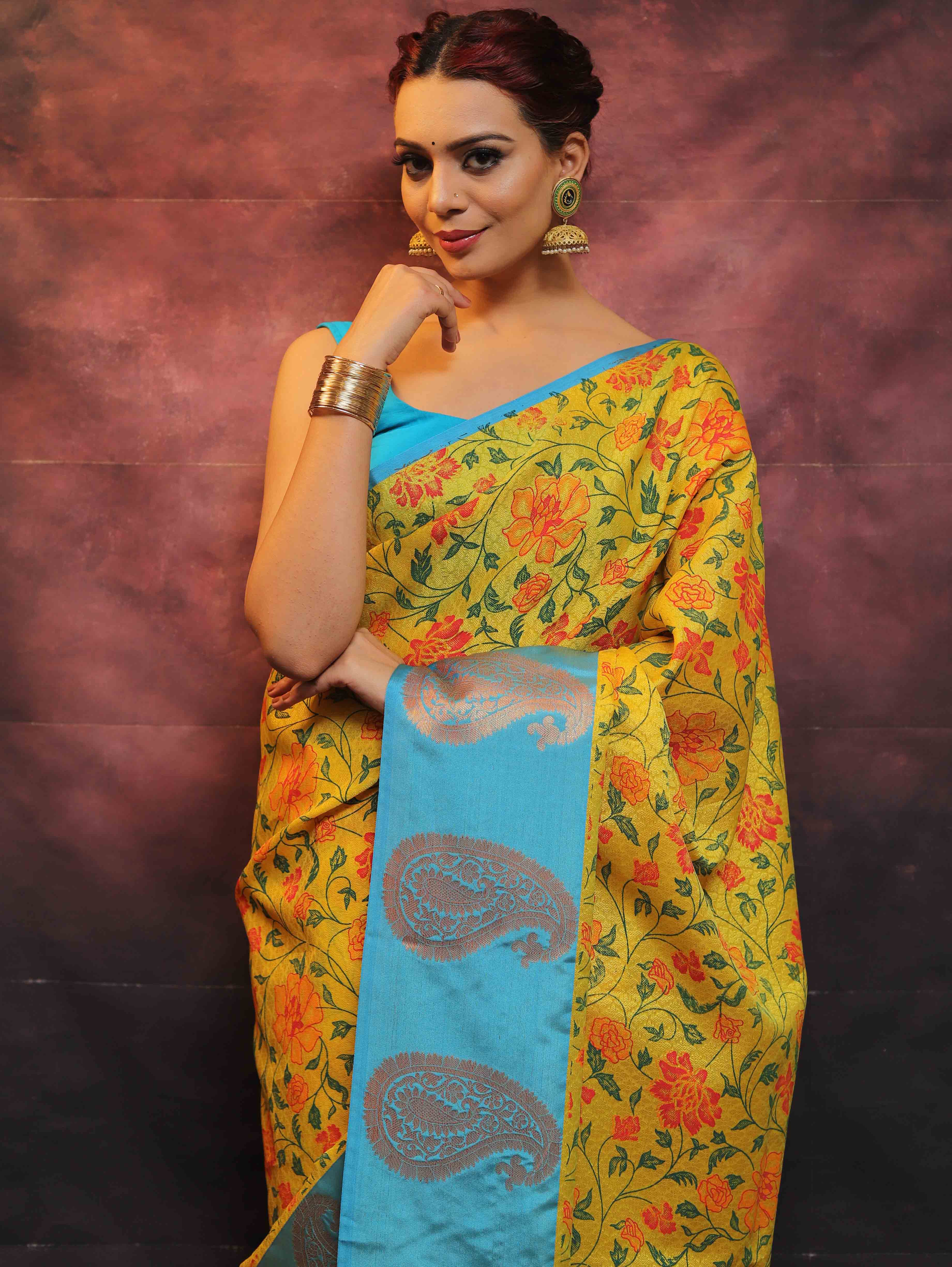 Banarasee Kora Muslin Saree With Printed Floral Design-Yellow & Blue