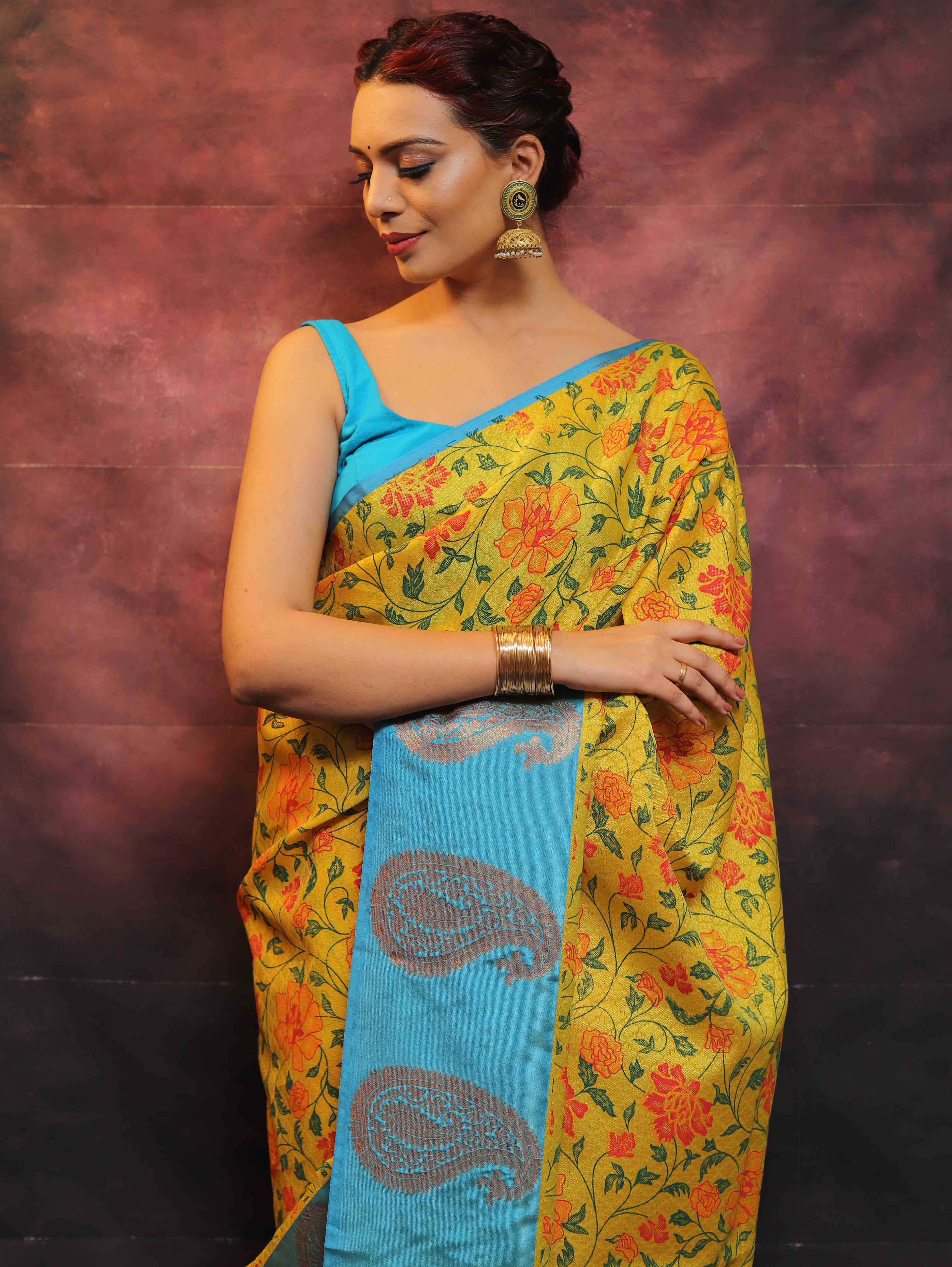 Banarasee Kora Muslin Saree With Printed Floral Design-Yellow & Blue