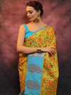 Banarasee Kora Muslin Saree With Printed Floral Design-Yellow & Blue