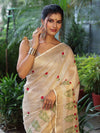 Bhagalpuri Handloom Pure Linen Floral Embroidered Saree-Beige
