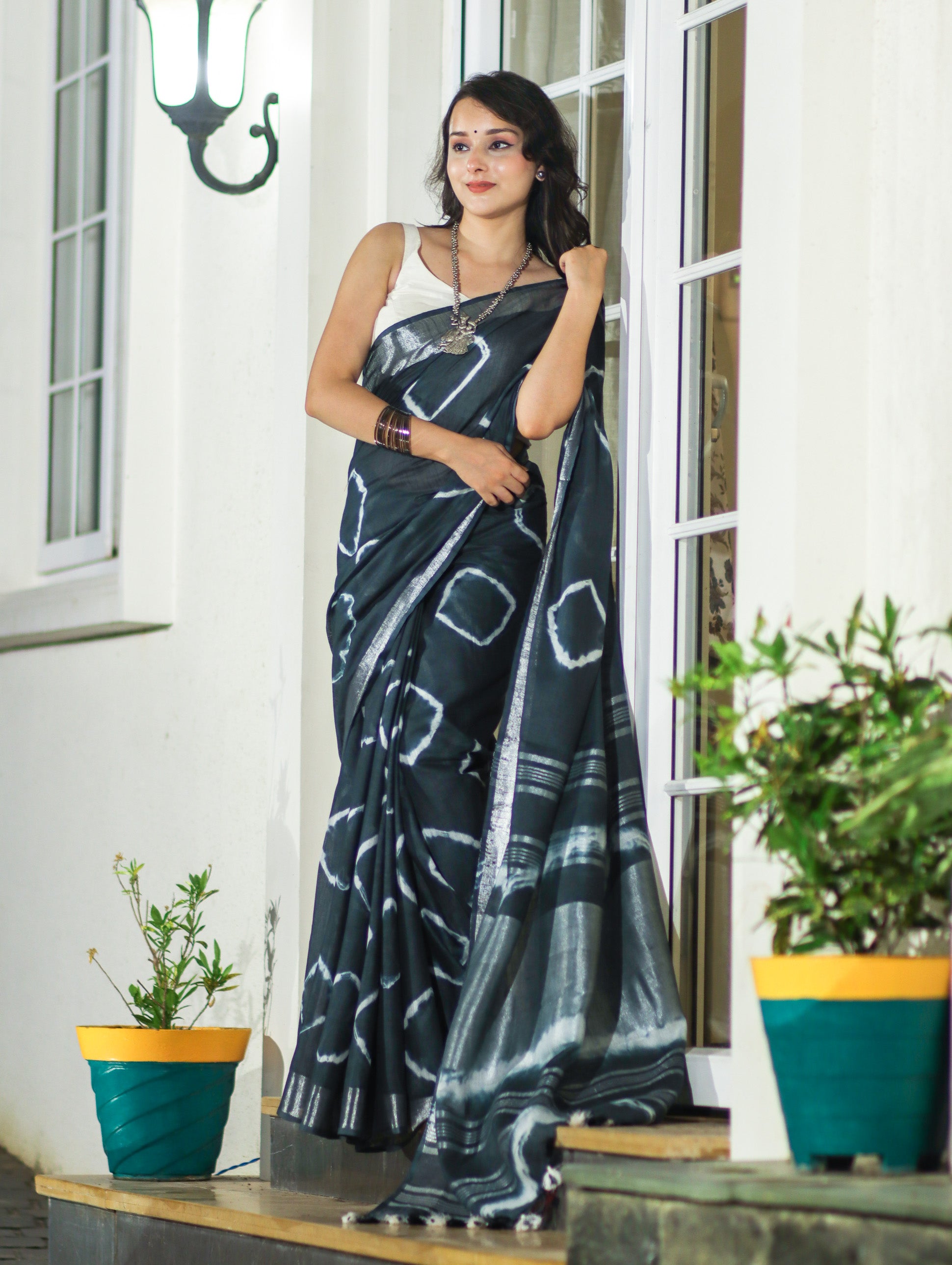 Banarasee Handloom Cotton Silk Hand Dyed Shibori Pattern Saree-Slate Blue
