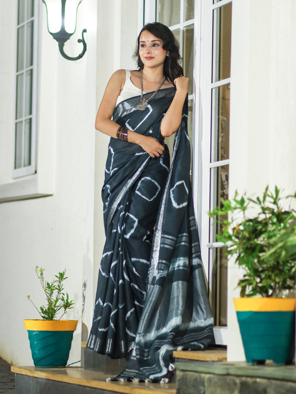 Banarasee Handloom Cotton Silk Hand Dyed Shibori Pattern Saree-Slate Blue