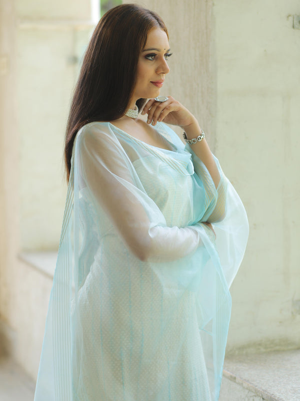 Banarasee Chanderi Cotton Zari Work Salwar Kameez With Dupatta-White & Blue