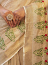 Bhagalpuri Handloom Pure Linen Floral Embroidered Saree-Beige