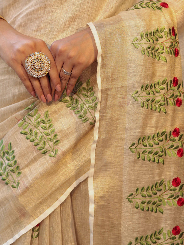 Bhagalpuri Handloom Pure Linen Floral Embroidered Saree-Beige