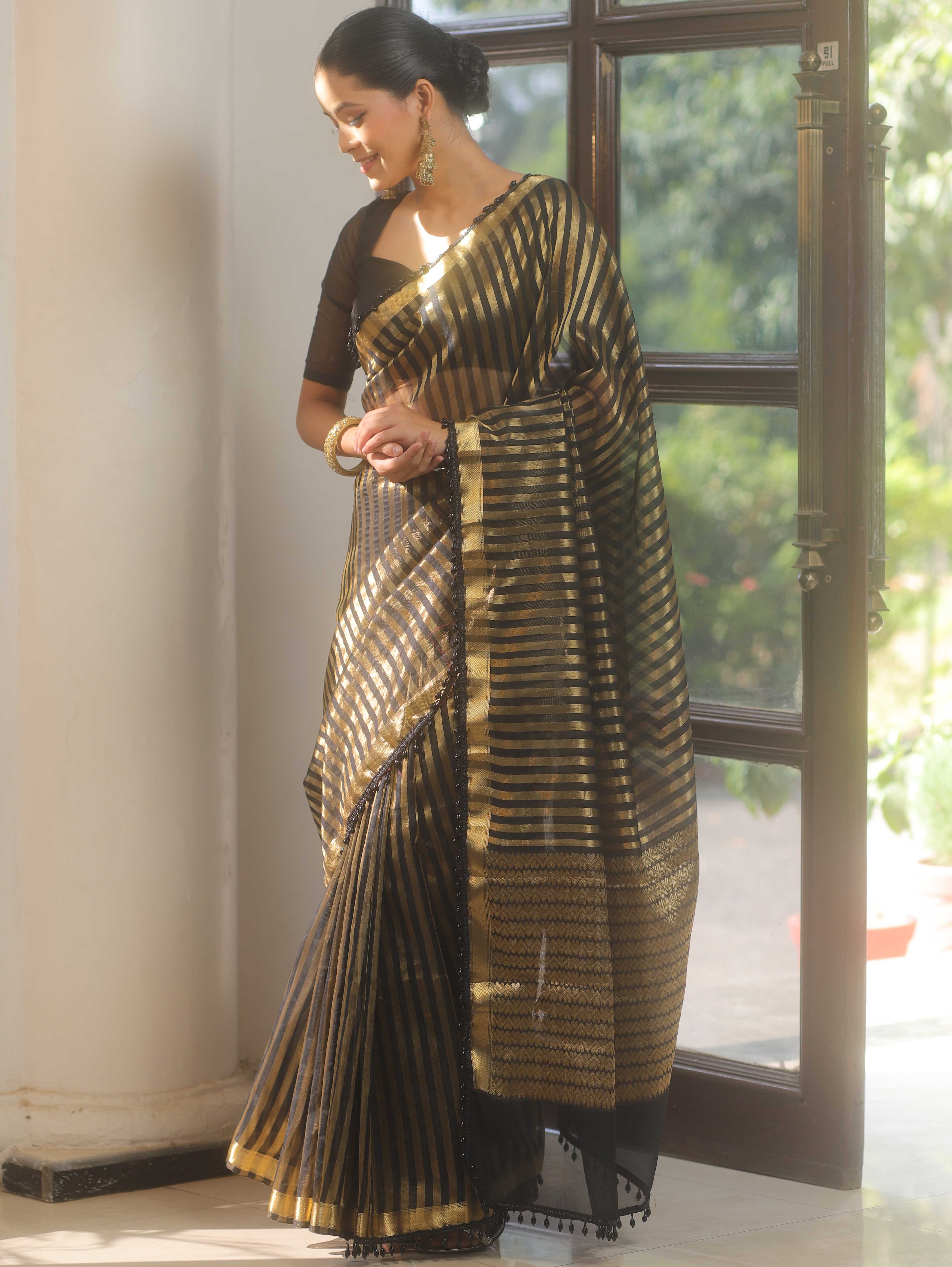 Banarasee Handwoven Striped Tissue Saree With Lace-Black