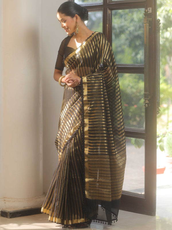 Banarasee Handwoven Striped Tissue Saree With Lace-Black