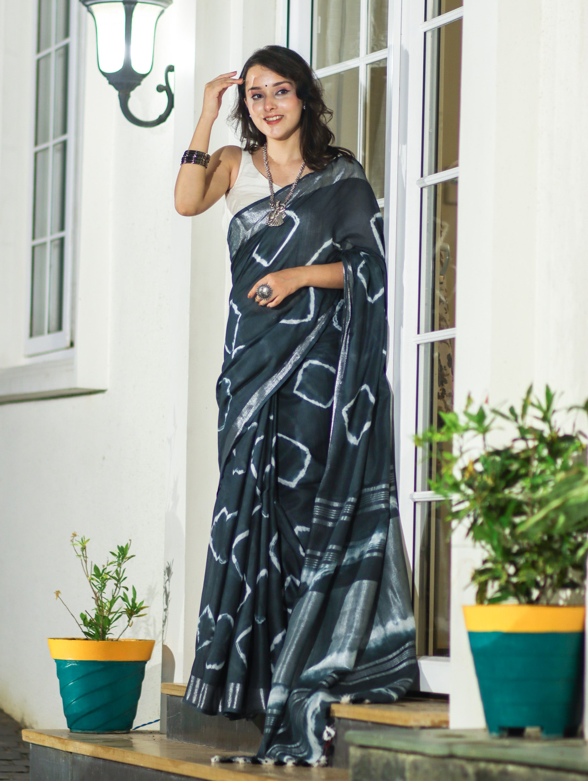 Banarasee Handloom Cotton Silk Hand Dyed Shibori Pattern Saree-Slate Blue