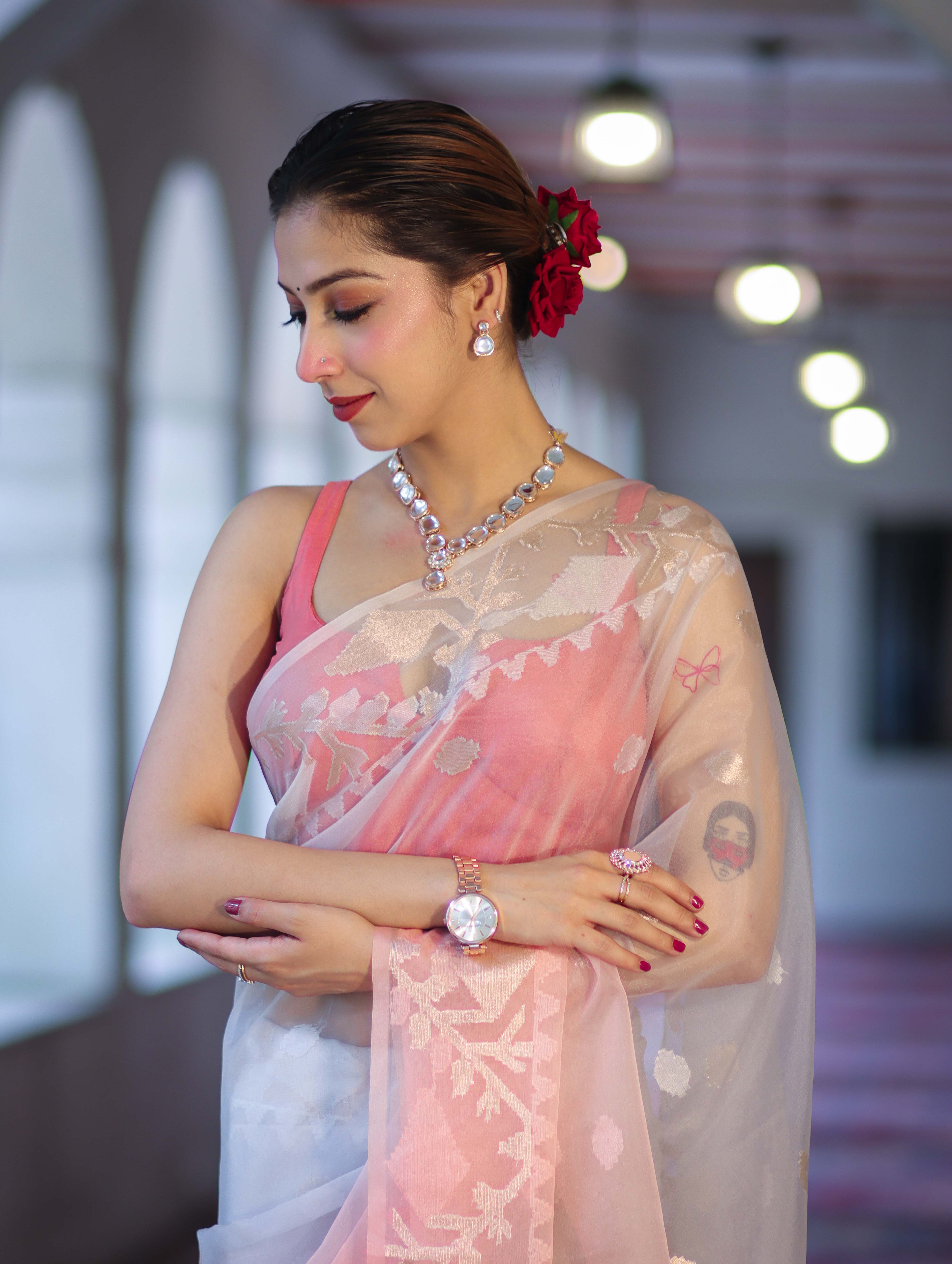 Banarasee Dual Color Organza Mix Saree With Resham & Zari Work-Peachy Pink & Off White