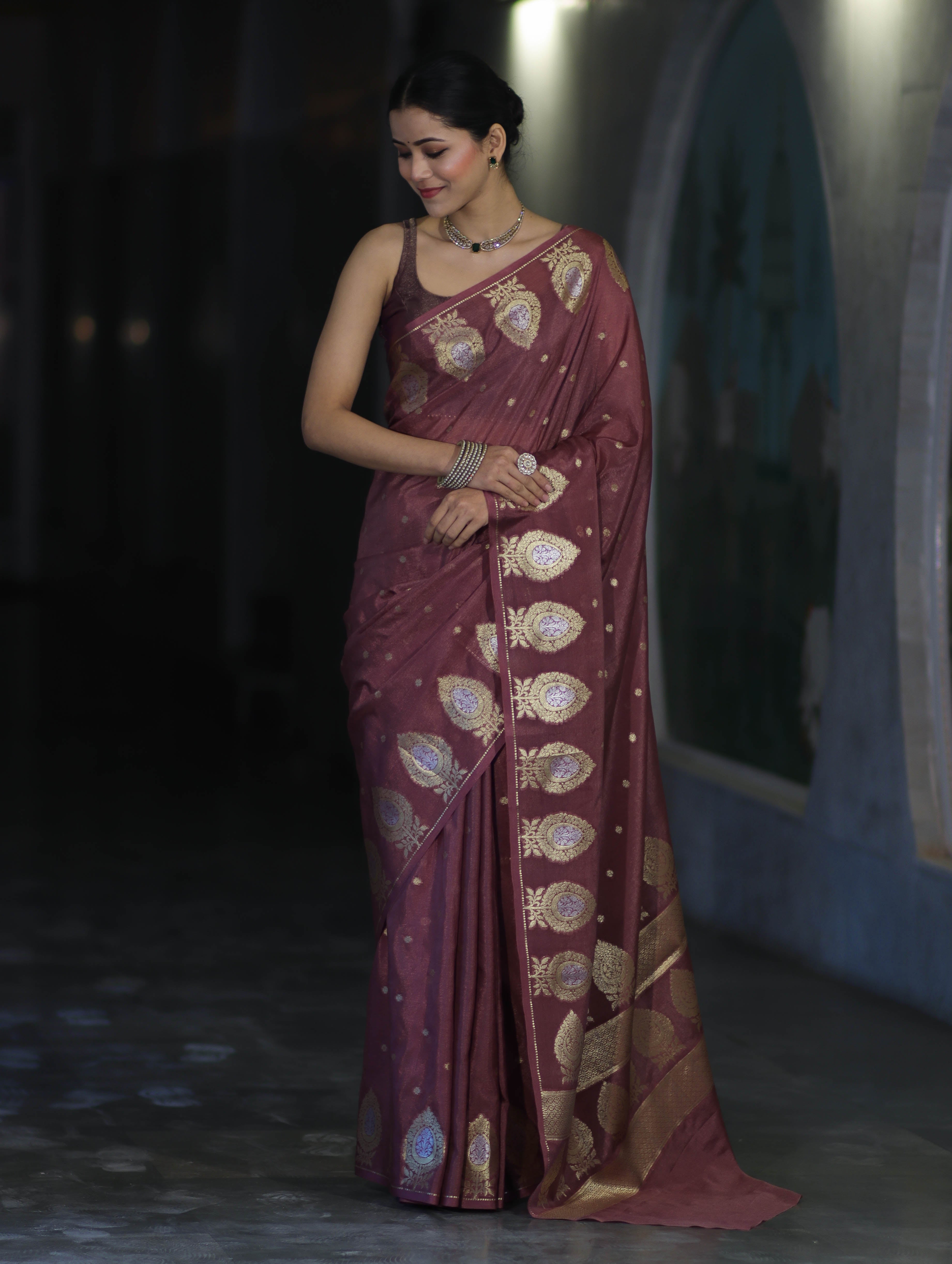 Banarasee Handloom Semi Silk Saree With Sona Rupa Zari Buti Design & Border-Mauve