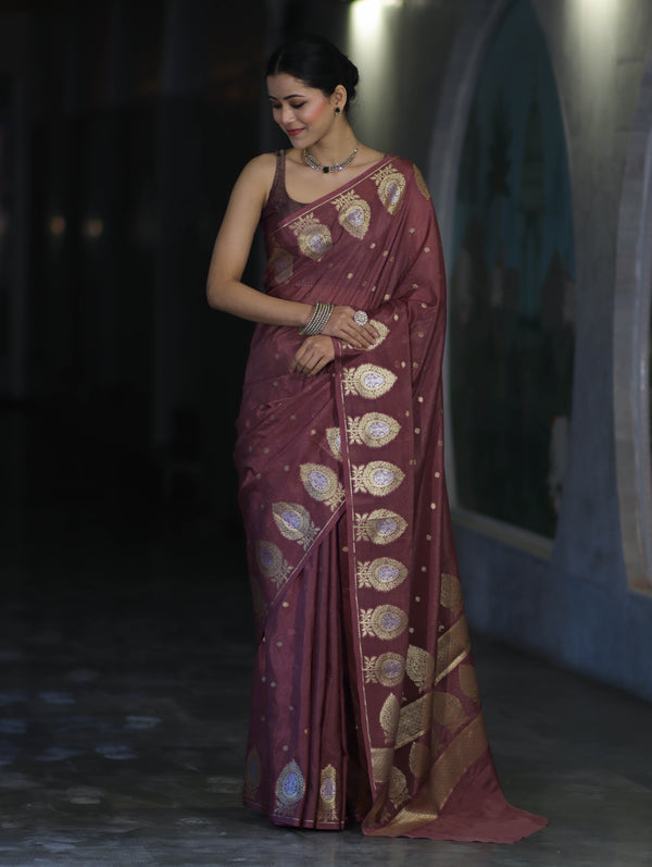 Banarasee Handloom Semi Silk Saree With Sona Rupa Zari Buti Design & Border-Mauve