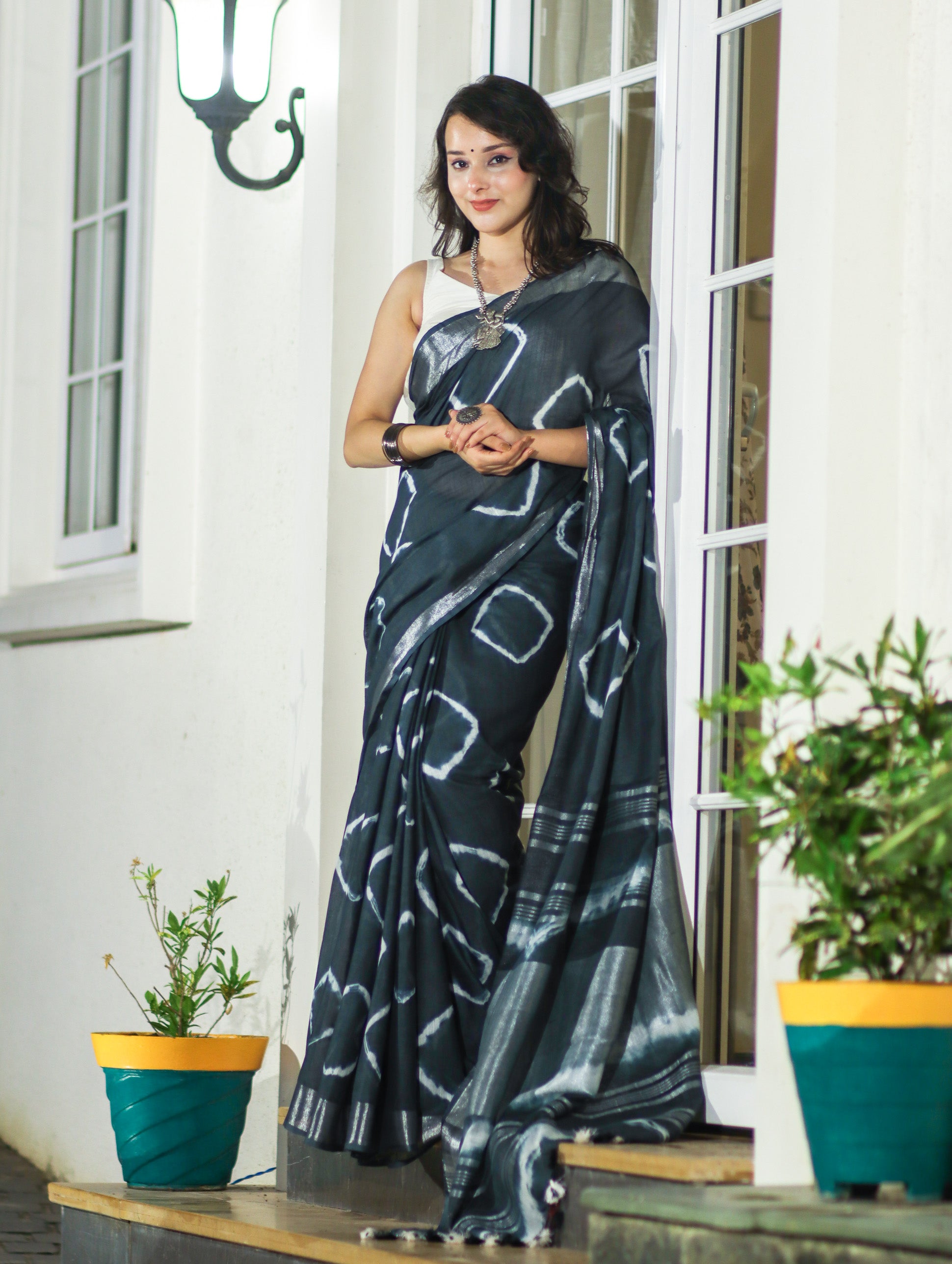Banarasee Handloom Cotton Silk Hand Dyed Shibori Pattern Saree-Slate Blue