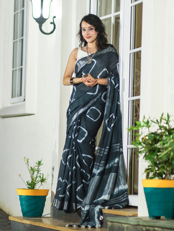 Banarasee Handloom Cotton Silk Hand Dyed Shibori Pattern Saree-Slate Blue