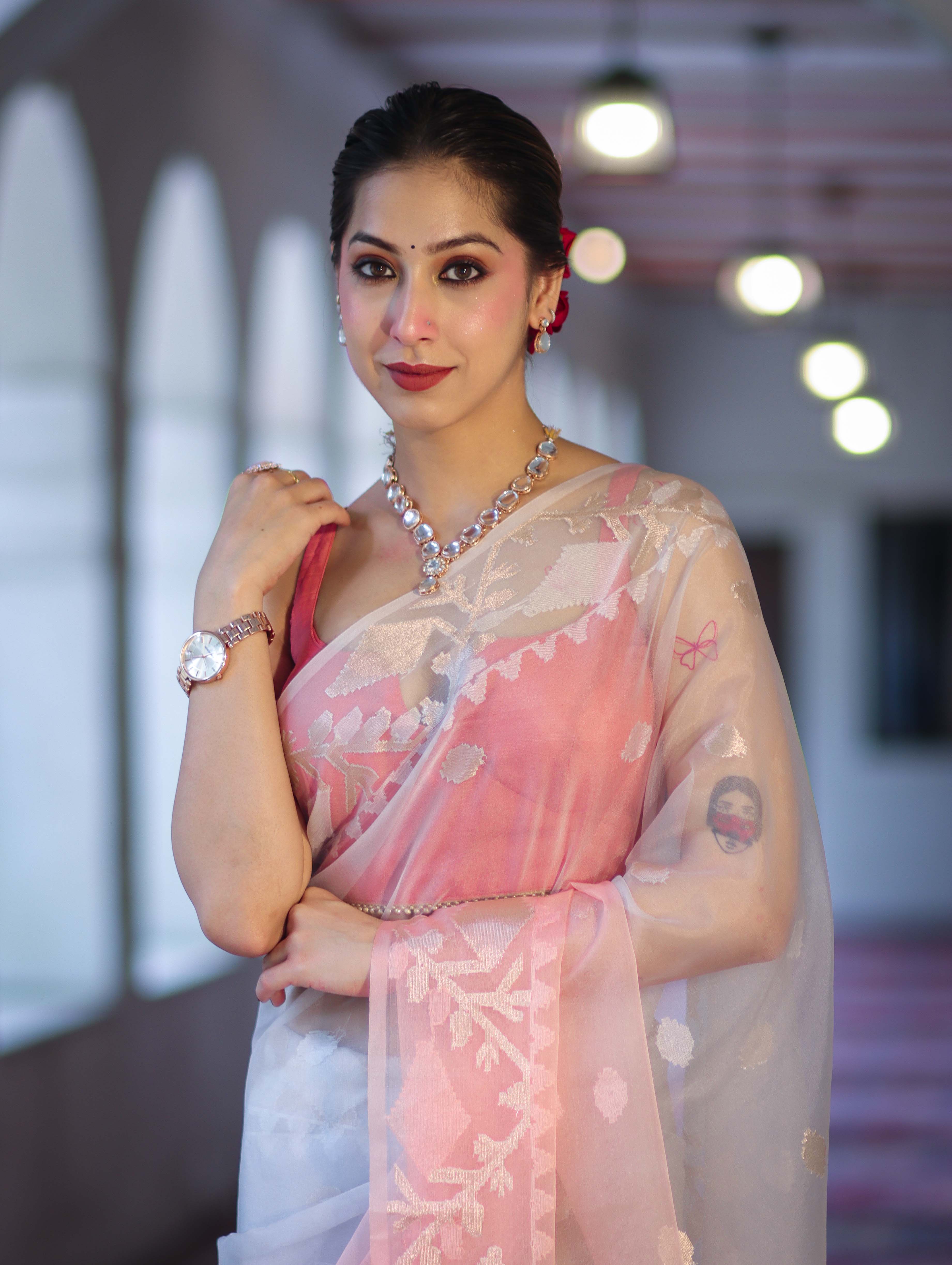Banarasee Dual Color Organza Mix Saree With Resham & Zari Work-Peachy Pink & Off White