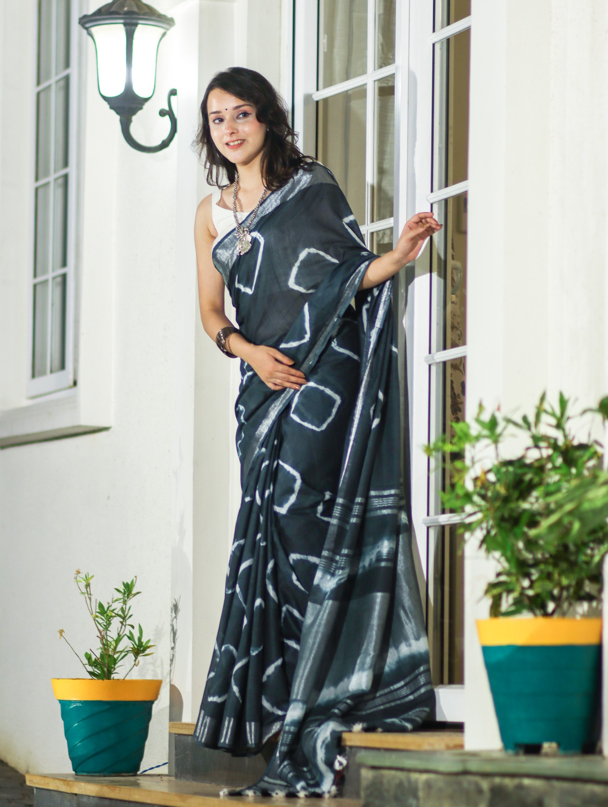 Banarasee Handloom Cotton Silk Hand Dyed Shibori Pattern Saree-Slate Blue