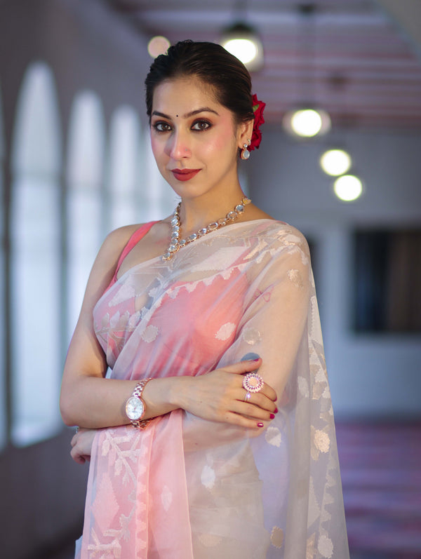 Banarasee Dual Color Organza Mix Saree With Resham & Zari Work-Peachy Pink & Off White