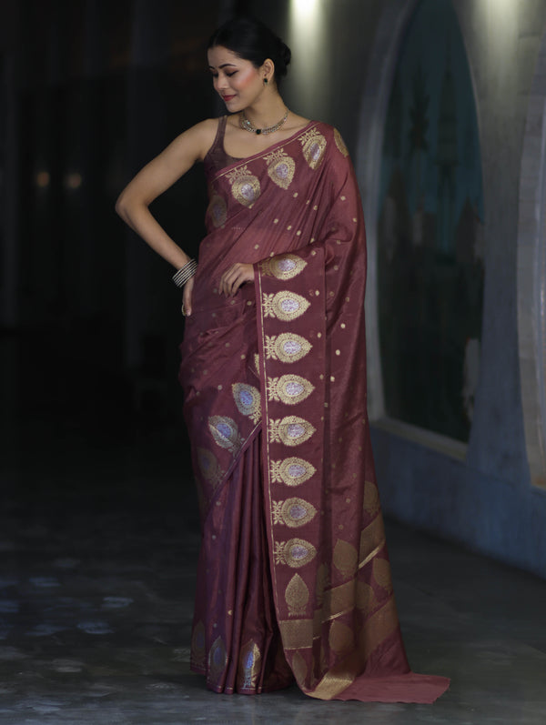 Banarasee Handloom Semi Silk Saree With Sona Rupa Zari Buti Design & Border-Mauve