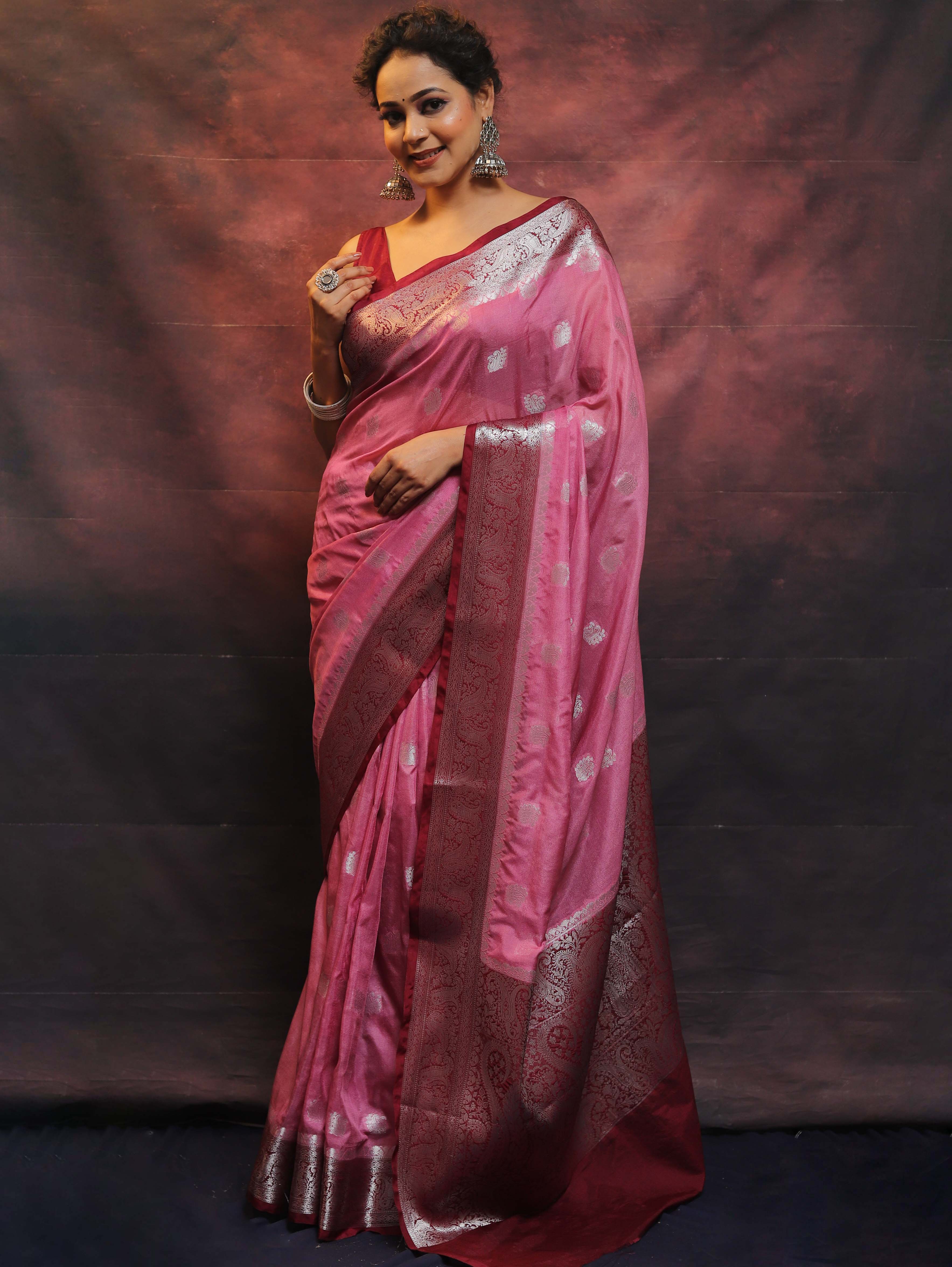 Banarasee Handwoven Semi-Chiffon Saree With Contrast Border & Silver Zari-Pink & Maroon