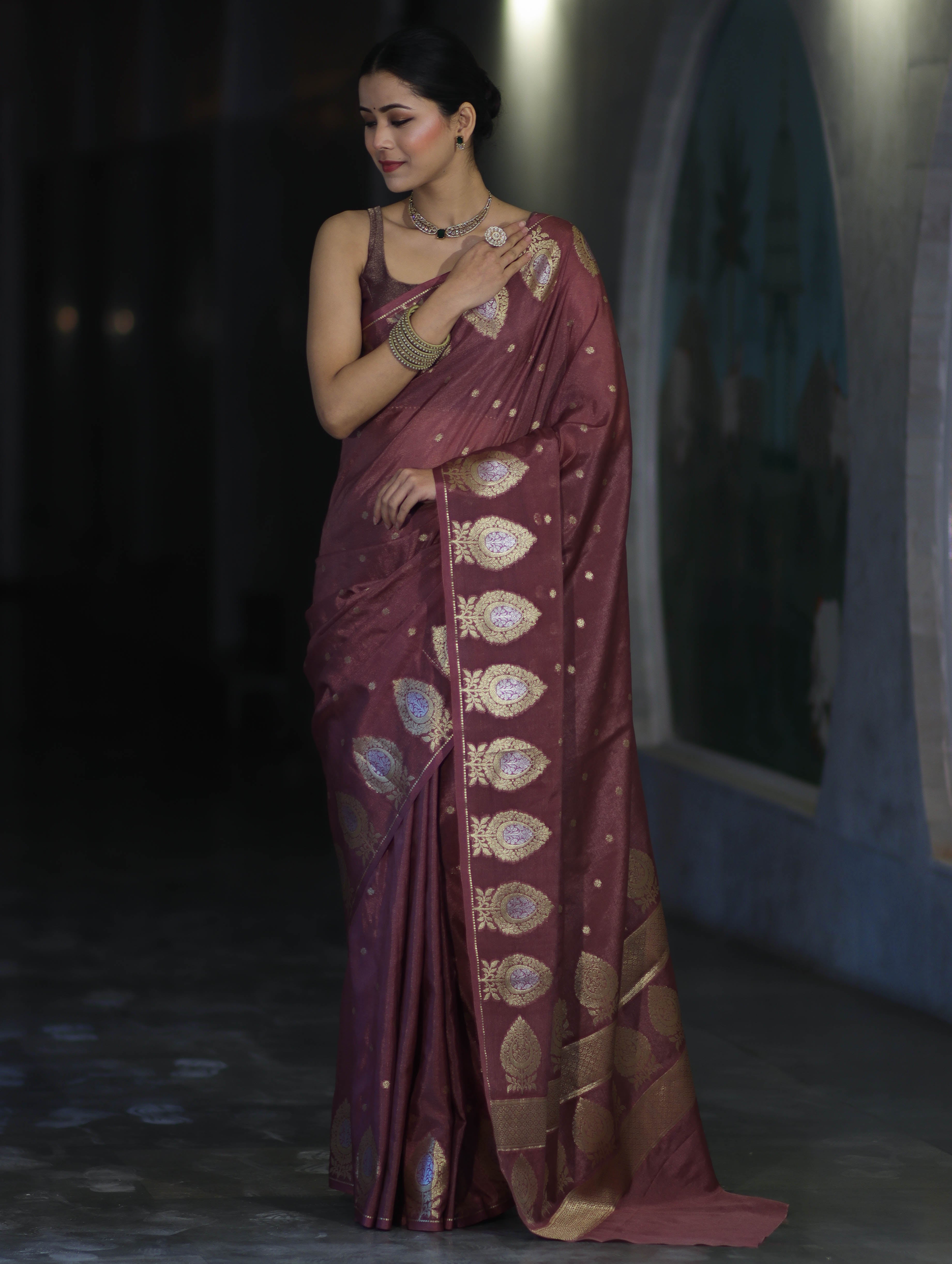 Banarasee Handloom Semi Silk Saree With Sona Rupa Zari Buti Design & Border-Mauve