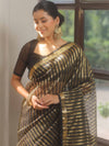 Banarasee Handwoven Striped Tissue Saree With Lace-Black
