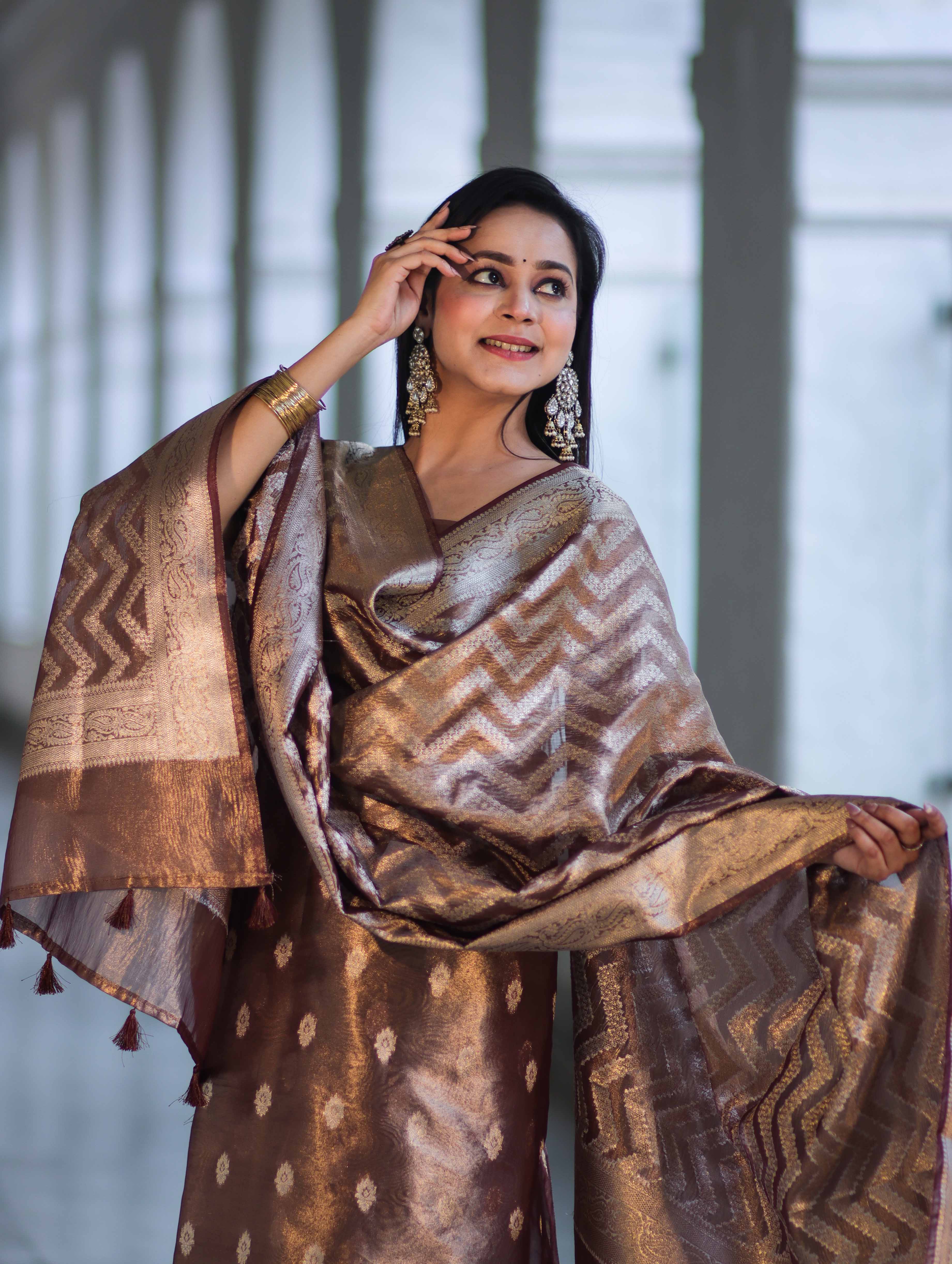 Banarasee Tissue Zari Work Salwar Kameez Fabric With Dupatta Set-Brown