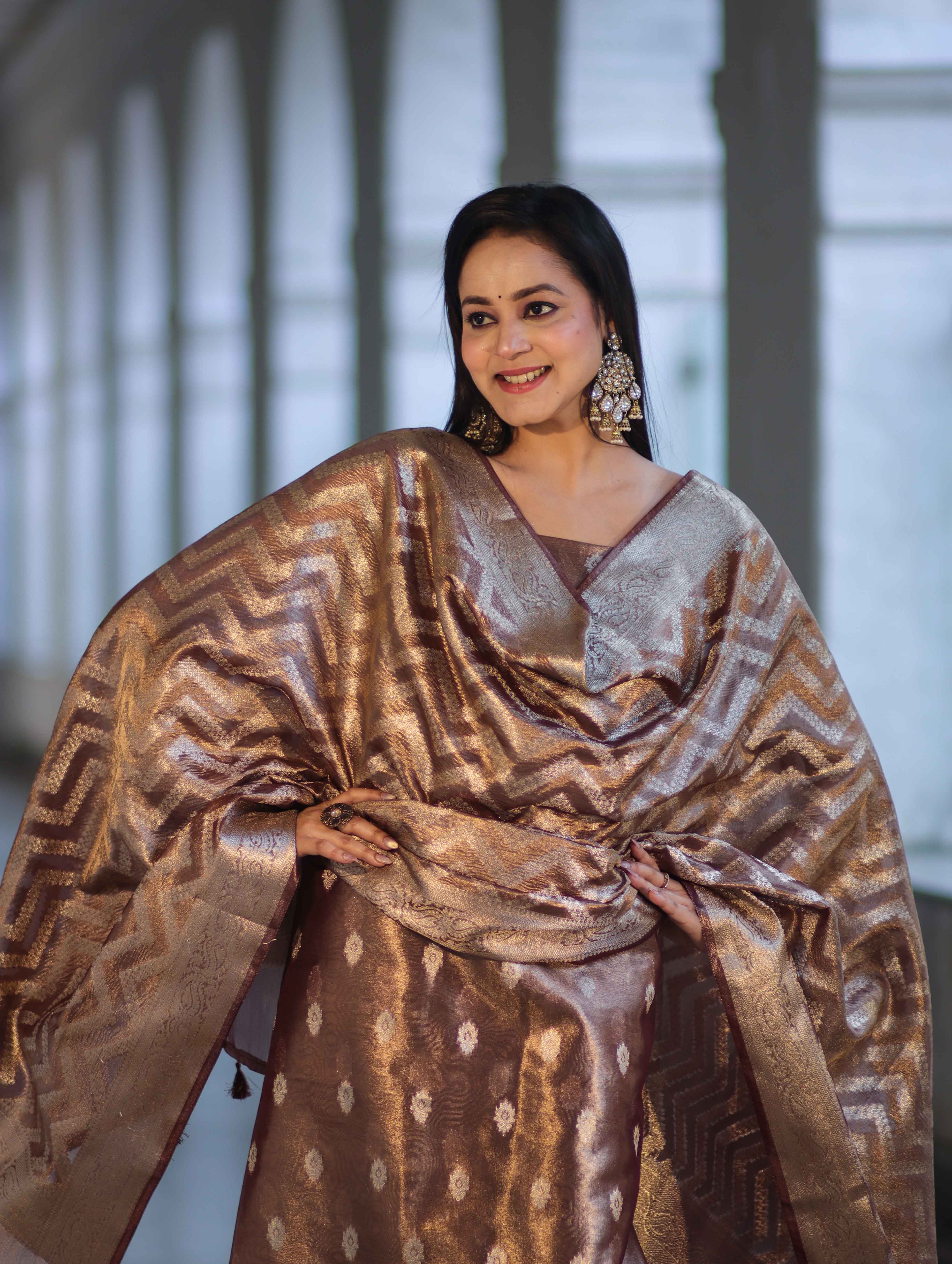 Banarasee Tissue Zari Work Salwar Kameez Fabric With Dupatta Set-Brown