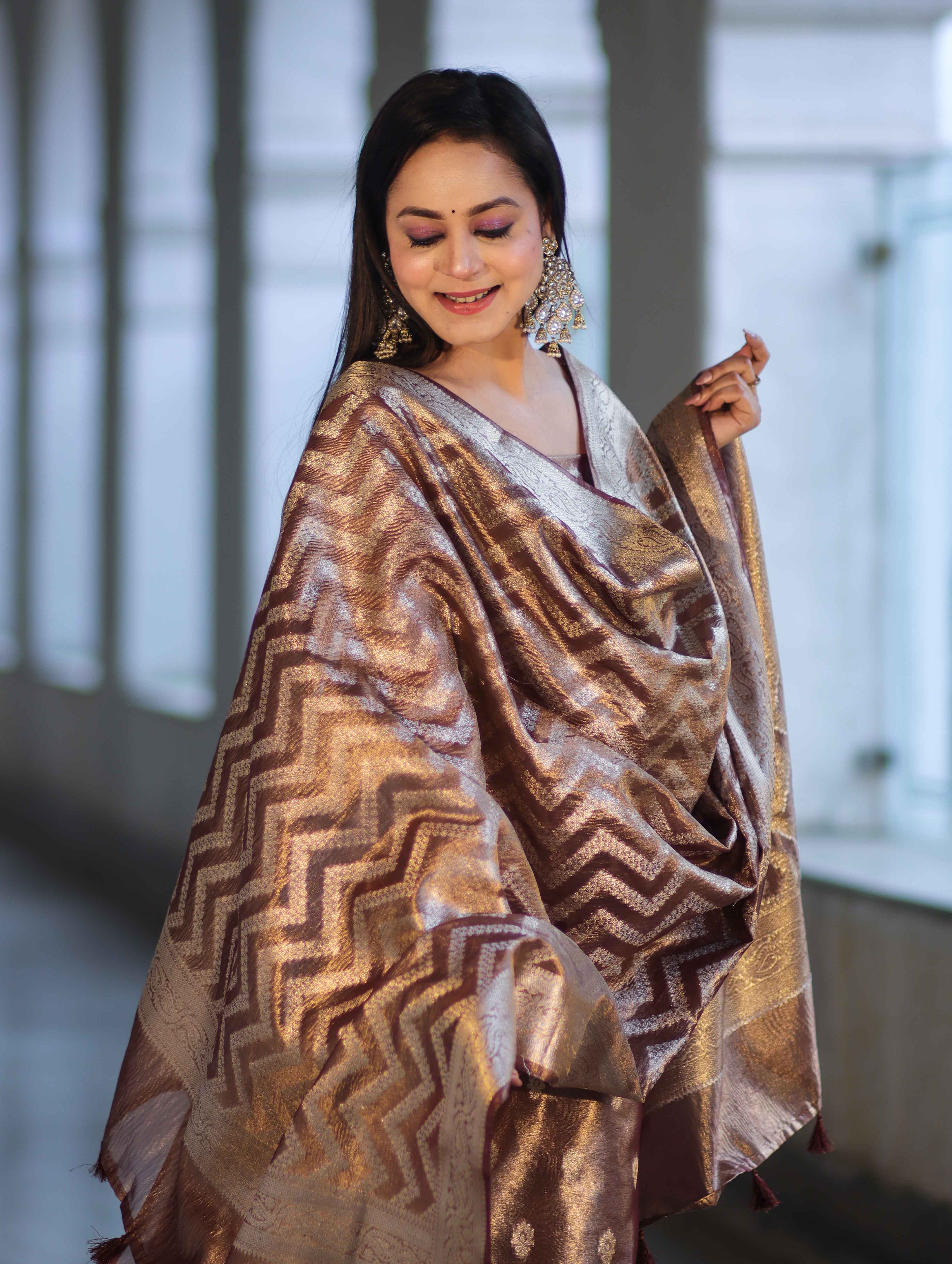 Banarasee Tissue Zari Work Salwar Kameez Fabric With Dupatta Set-Brown