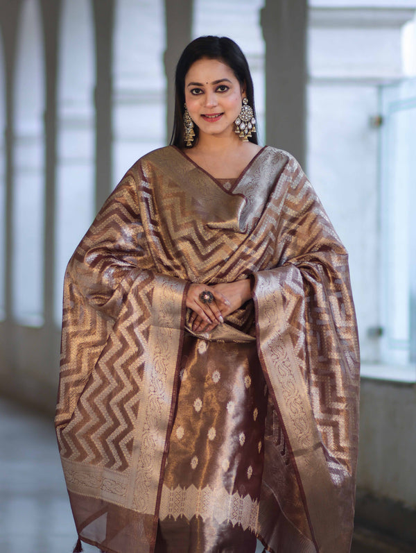 Banarasee Tissue Zari Work Salwar Kameez Fabric With Dupatta Set-Brown