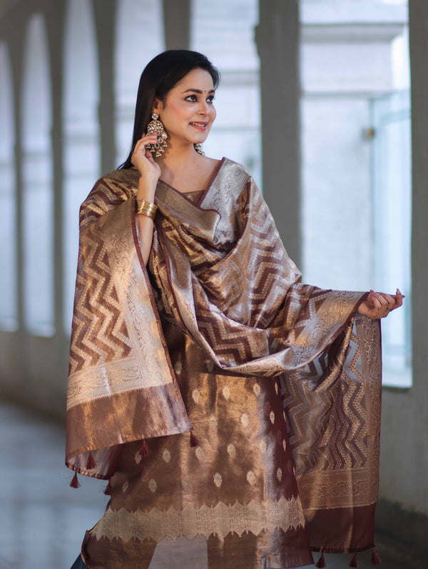 Banarasee Tissue Zari Work Salwar Kameez Fabric With Dupatta Set-Brown
