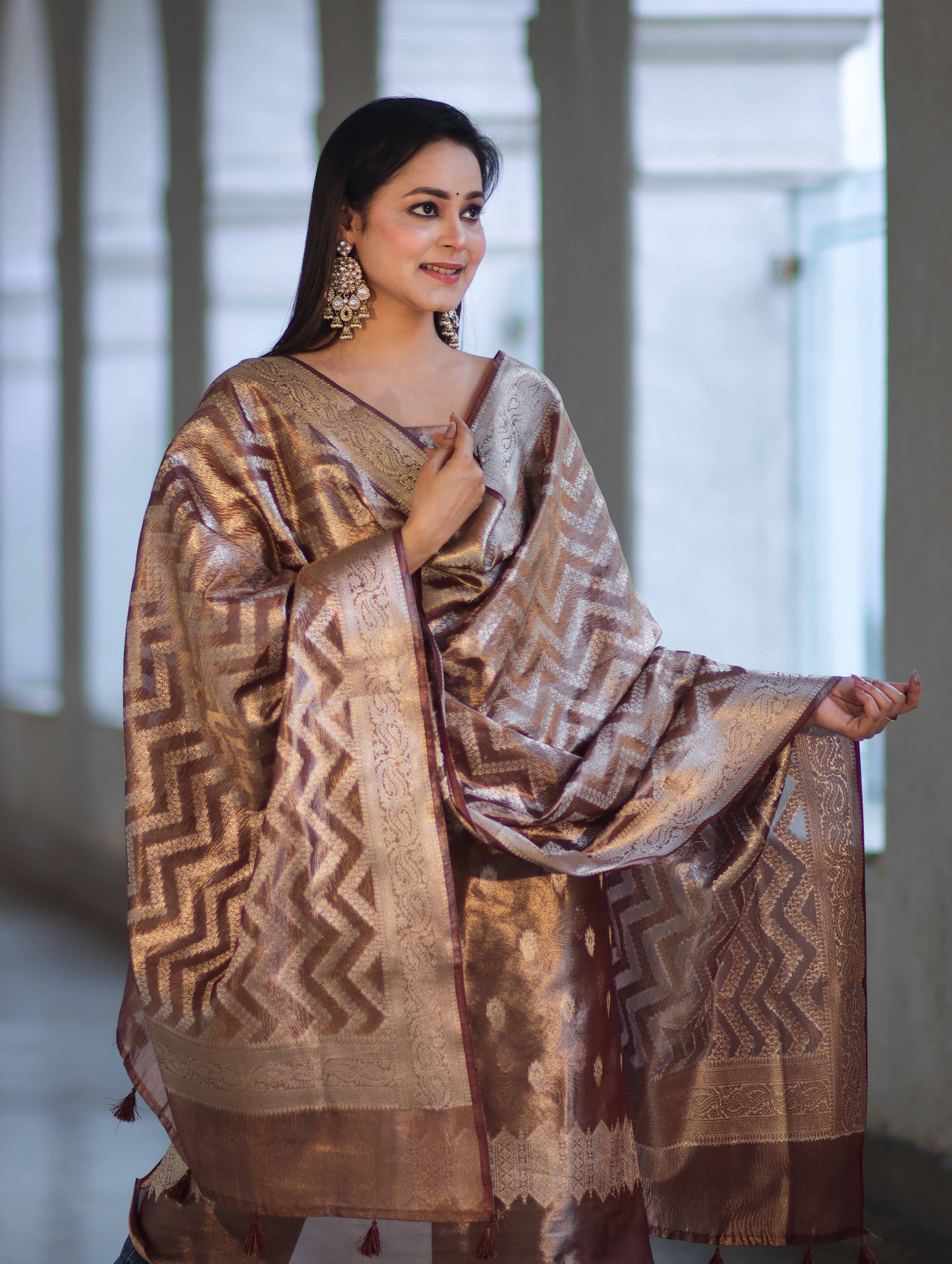Banarasee Tissue Zari Work Salwar Kameez Fabric With Dupatta Set-Brown
