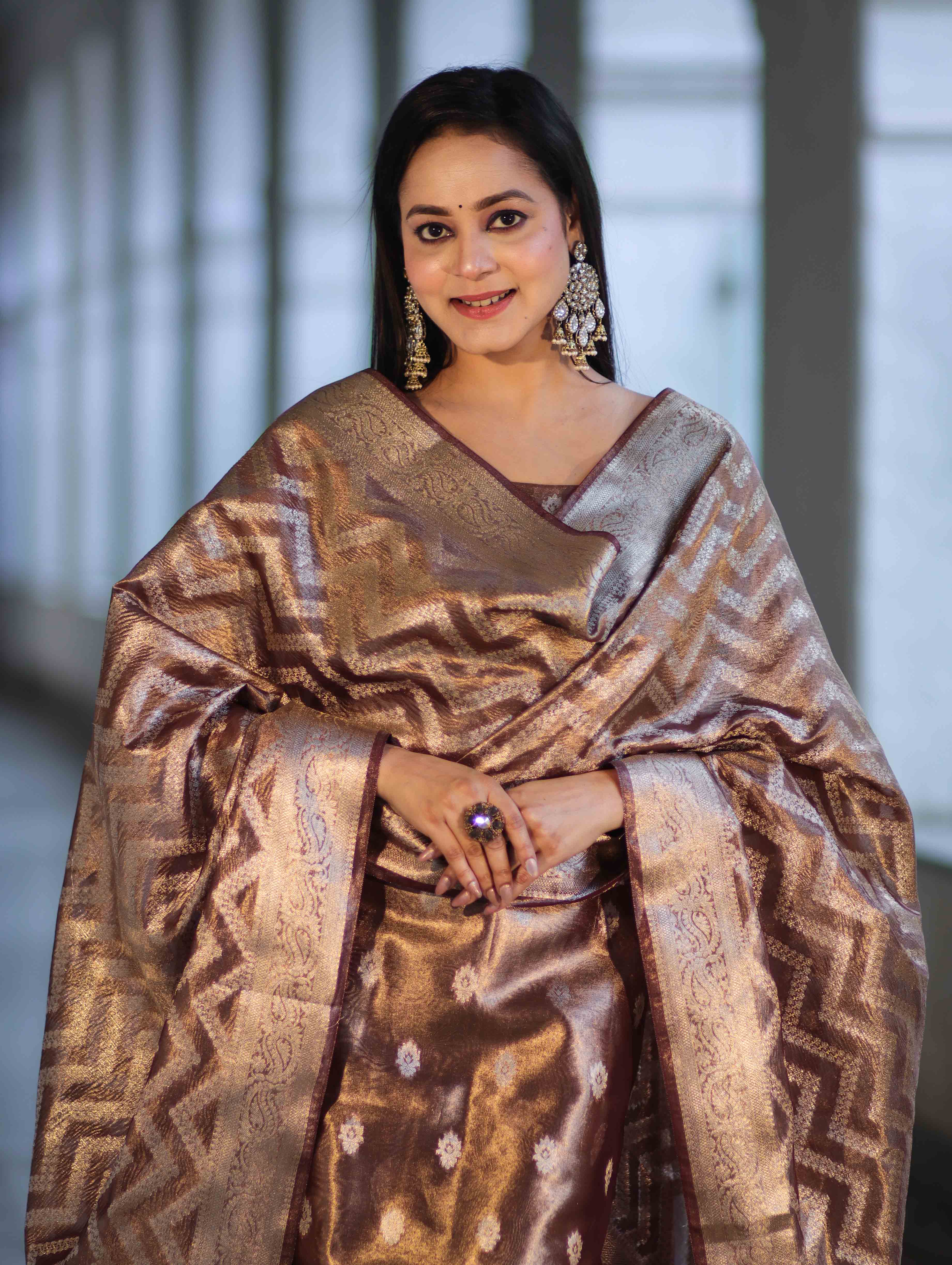 Banarasee Tissue Zari Work Salwar Kameez Fabric With Dupatta Set-Brown