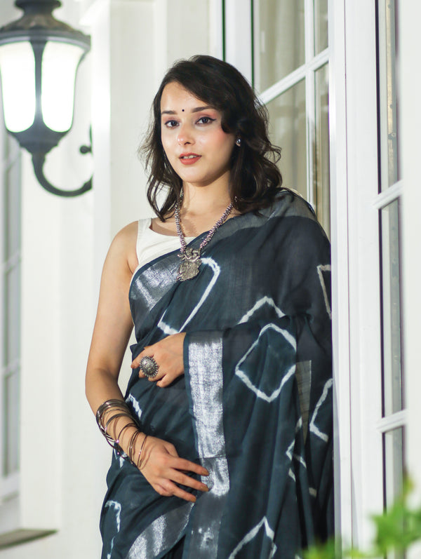 Banarasee Handloom Cotton Silk Hand Dyed Shibori Pattern Saree-Slate Blue