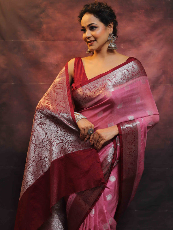 Banarasee Handwoven Semi-Chiffon Saree With Contrast Border & Silver Zari-Pink & Maroon