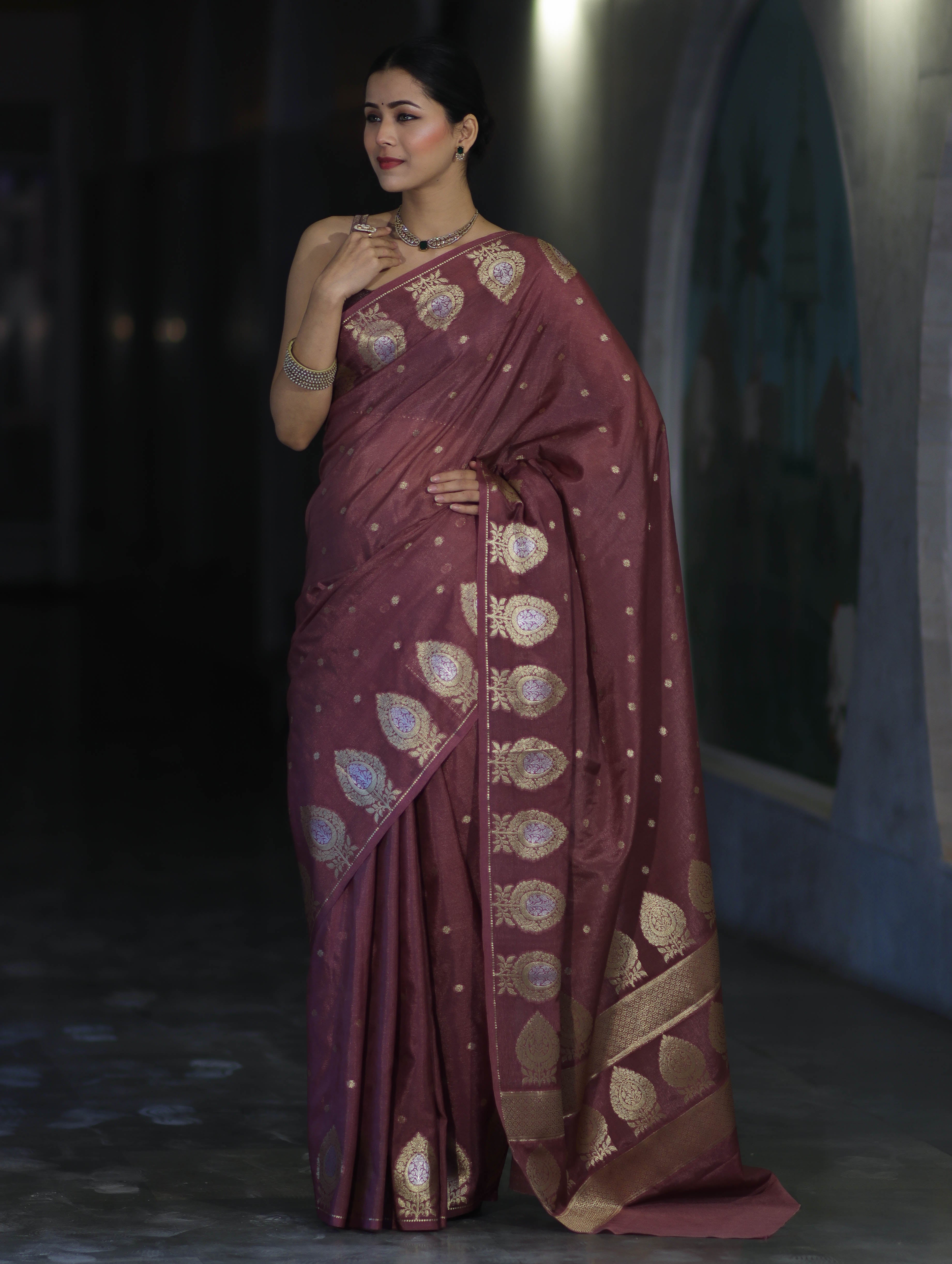 Banarasee Handloom Semi Silk Saree With Sona Rupa Zari Buti Design & Border-Mauve