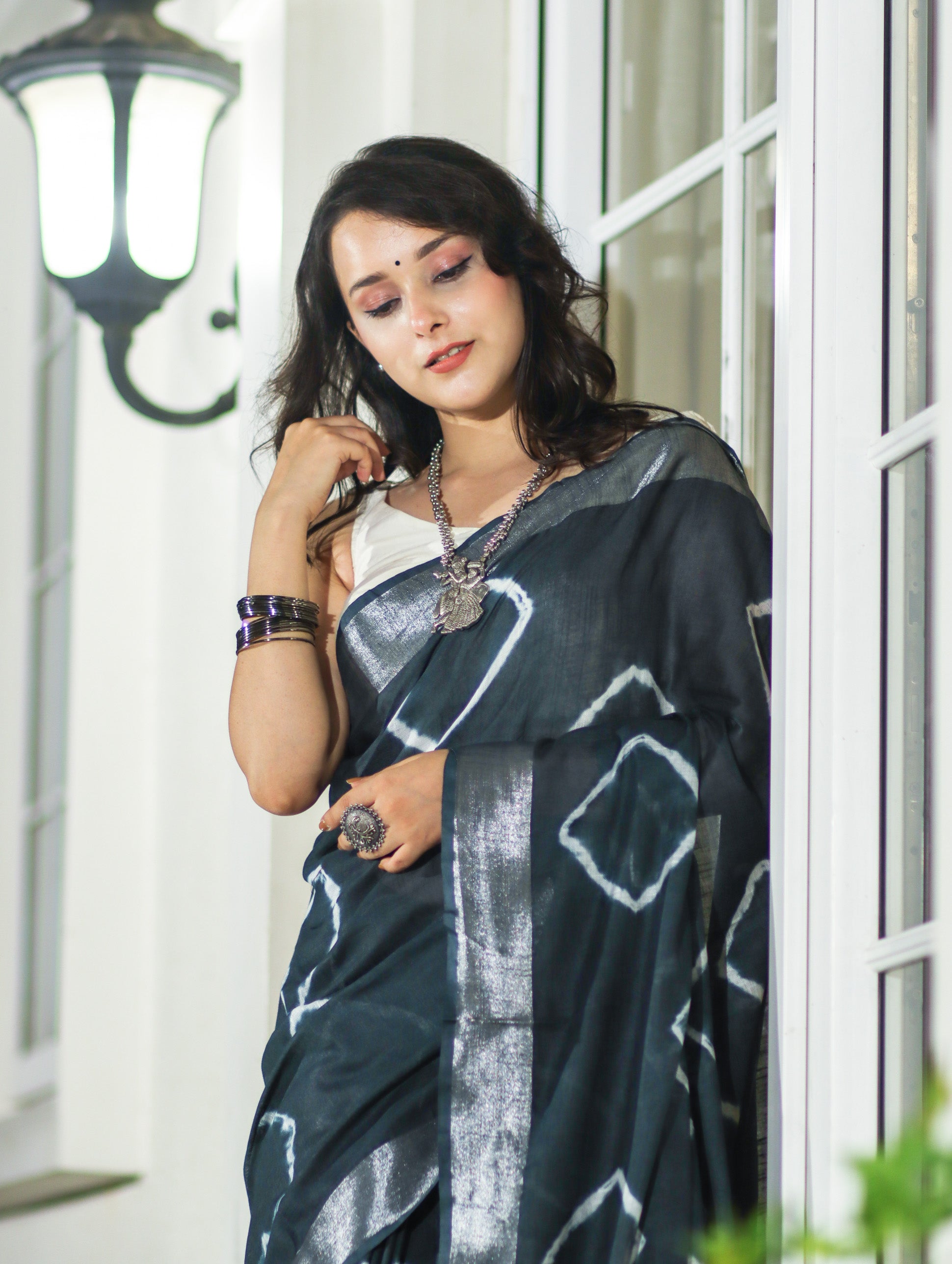 Banarasee Handloom Cotton Silk Hand Dyed Shibori Pattern Saree-Slate Blue
