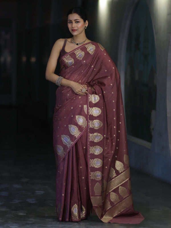 Banarasee Handloom Semi Silk Saree With Sona Rupa Zari Buti Design & Border-Mauve
