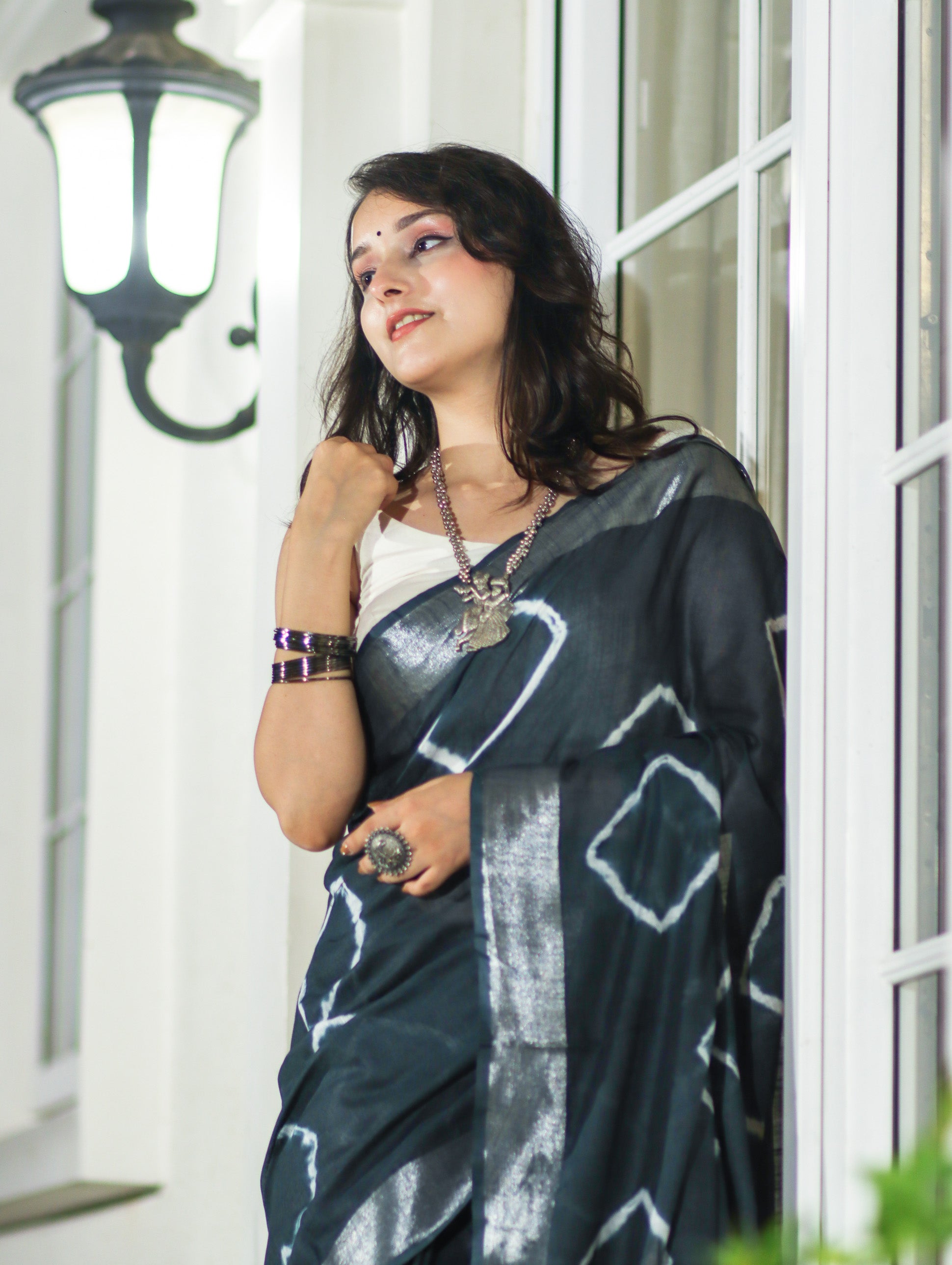 Banarasee Handloom Cotton Silk Hand Dyed Shibori Pattern Saree-Slate Blue